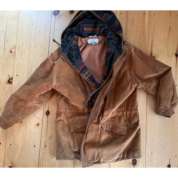 BT Ltd Jacket Mens Large Suede + Aztec Southwest Hood Lined Car Coat Vintage - Picture 16 of 16